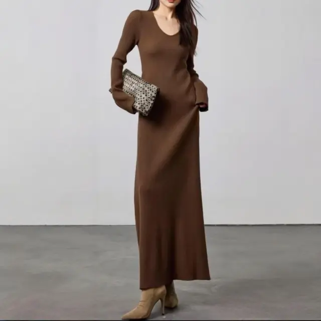 A French High end Look Paired With A Coat And A Long Knitted Dress Brown - Shop at LoveMi