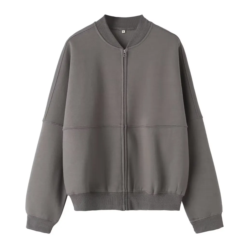 Zipper Bomber Jacket Coat Sweater Loose High Waist Flannel Pants - Gray