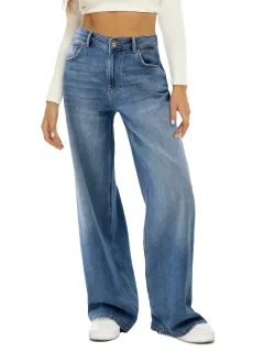 Women's Loose Wide-leg Jeans Pure Color Casual Versatile Denim Trousers - Blue - View 1