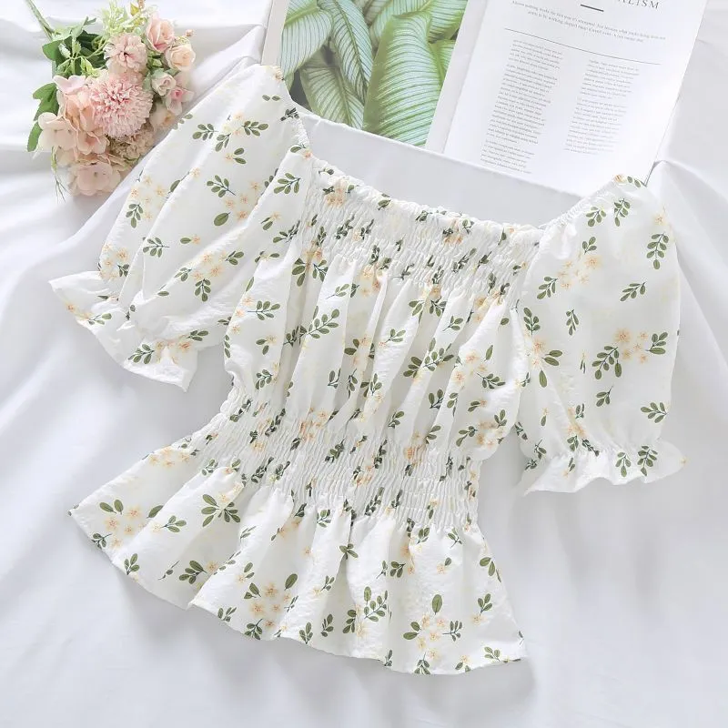 Korean Style Sweet Waist-tight Puff Sleeve Off-shoulder Square Short Sleeve - Green Small Flower