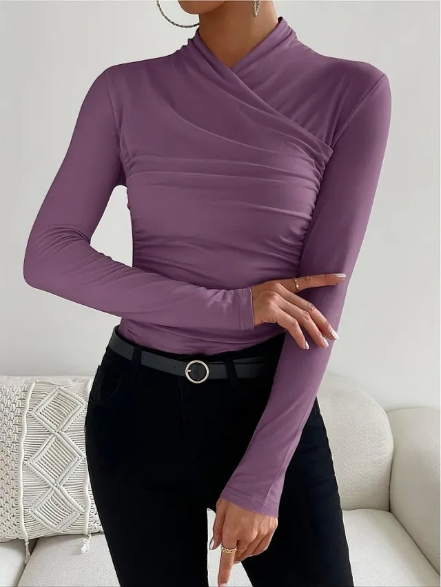 Design Cross Collar Slim Fit All match Pleating Long Sleeve Violet - Shop at LoveMi
