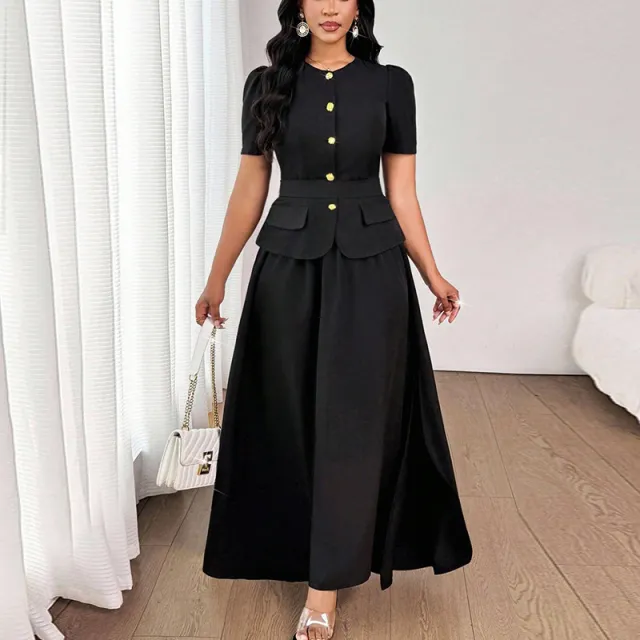 Short Sleeve Skirt Two piece Long Dress Suit Black - Shop at LoveMi