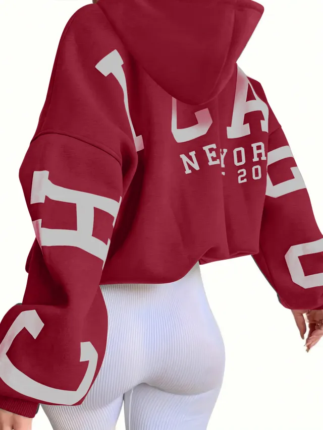 Women's Letter Printing Hooded Loose Sweater Wine Red - Shop at LoveMi