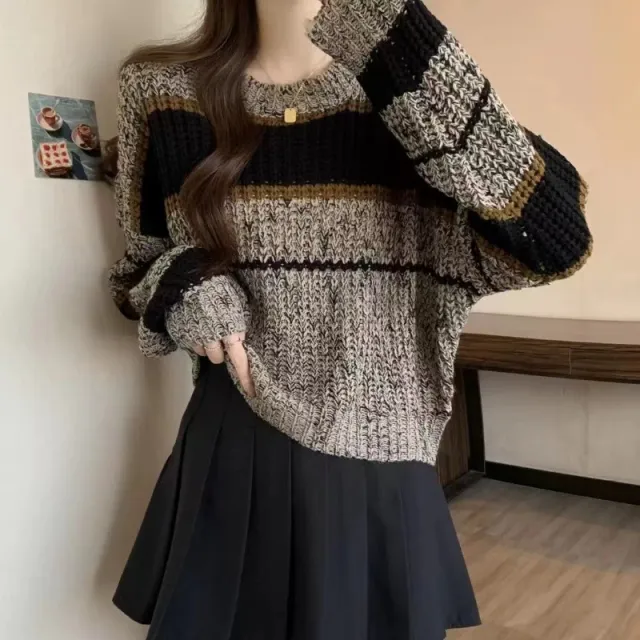 Vintage Stripe Contrast Color Crew Neck Pullover Sweater Light Gray - Shop at LoveMi
