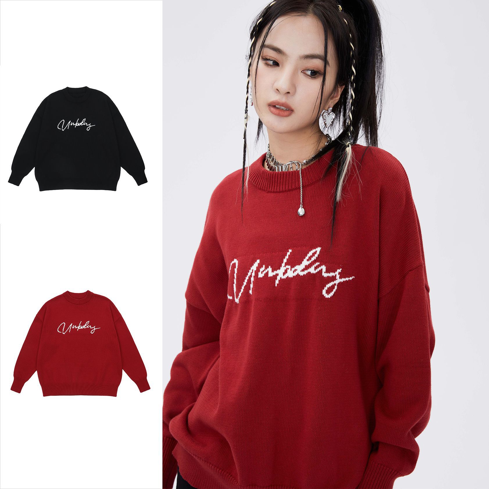 Polyester Sweater Letter Design Top Round Neck Sweater