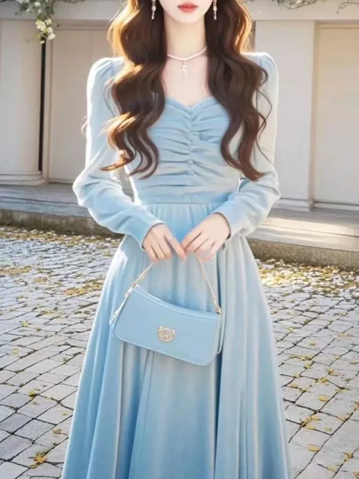 High-end Sense Of Light Luxury Rich Girl Blue Evening Dress Long Skirt - Blue