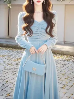 High-end Sense Of Light Luxury Rich Girl Blue Evening Dress Long Skirt - Blue - View 1