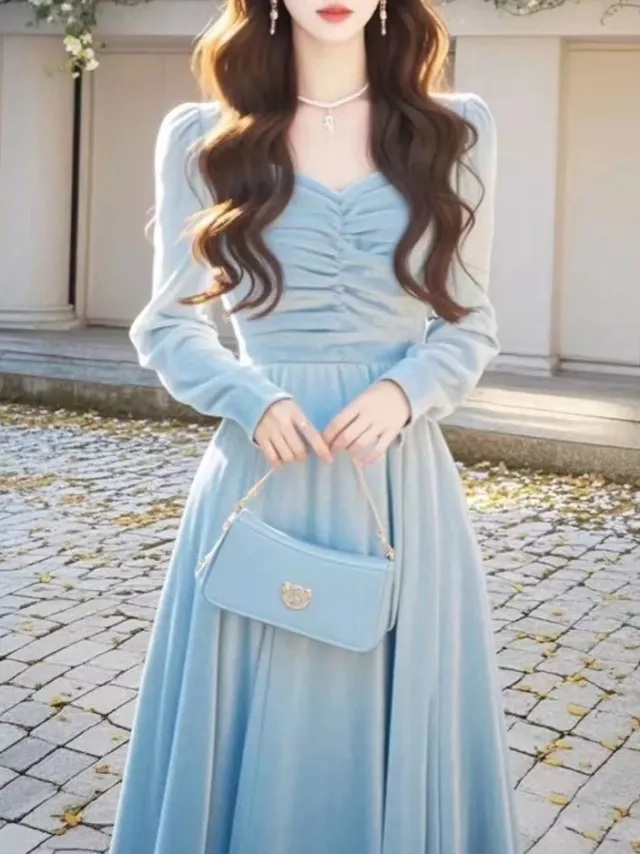 High end Sense Of Light Luxury Rich Girl Blue Evening Dress Long Skirt Blue - Shop at LoveMi
