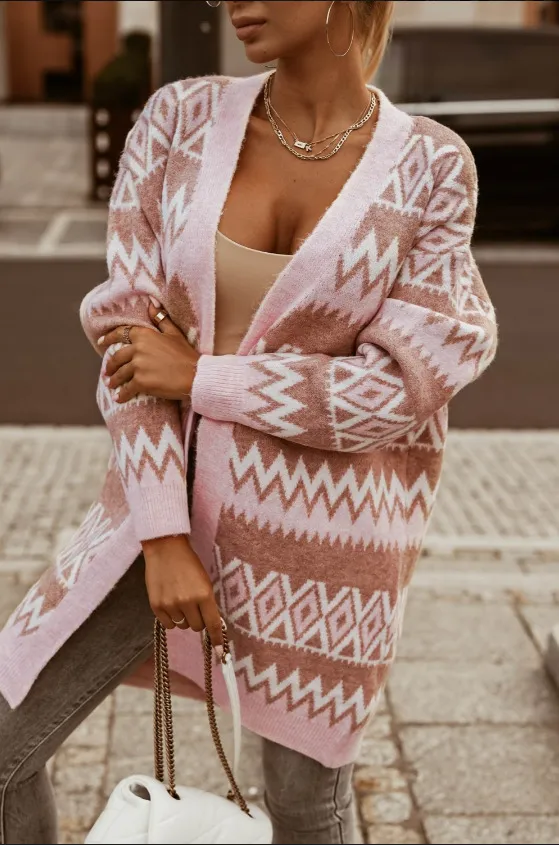 Women's V neck Rhombus Check Contrast Color Mid length Sweater Coat Pink - Shop at LoveMi