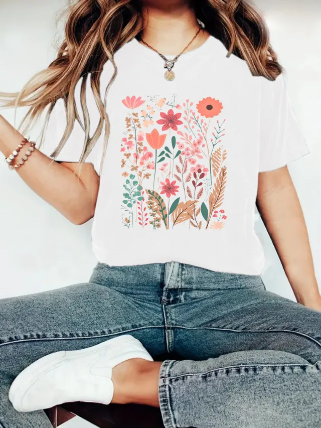 European And American Summer Women's Plant Flower Graphic Print Crew Neck Short Sleeve White - Shop at LoveMi