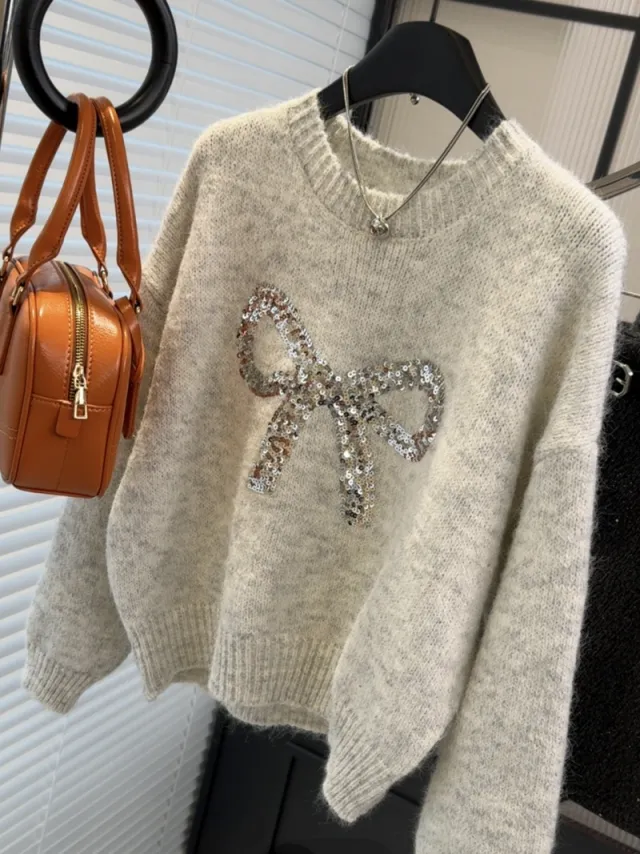 Women's Heavy duty Bow Sequined Pullover Sweater Rice Gray - Shop at LoveMi
