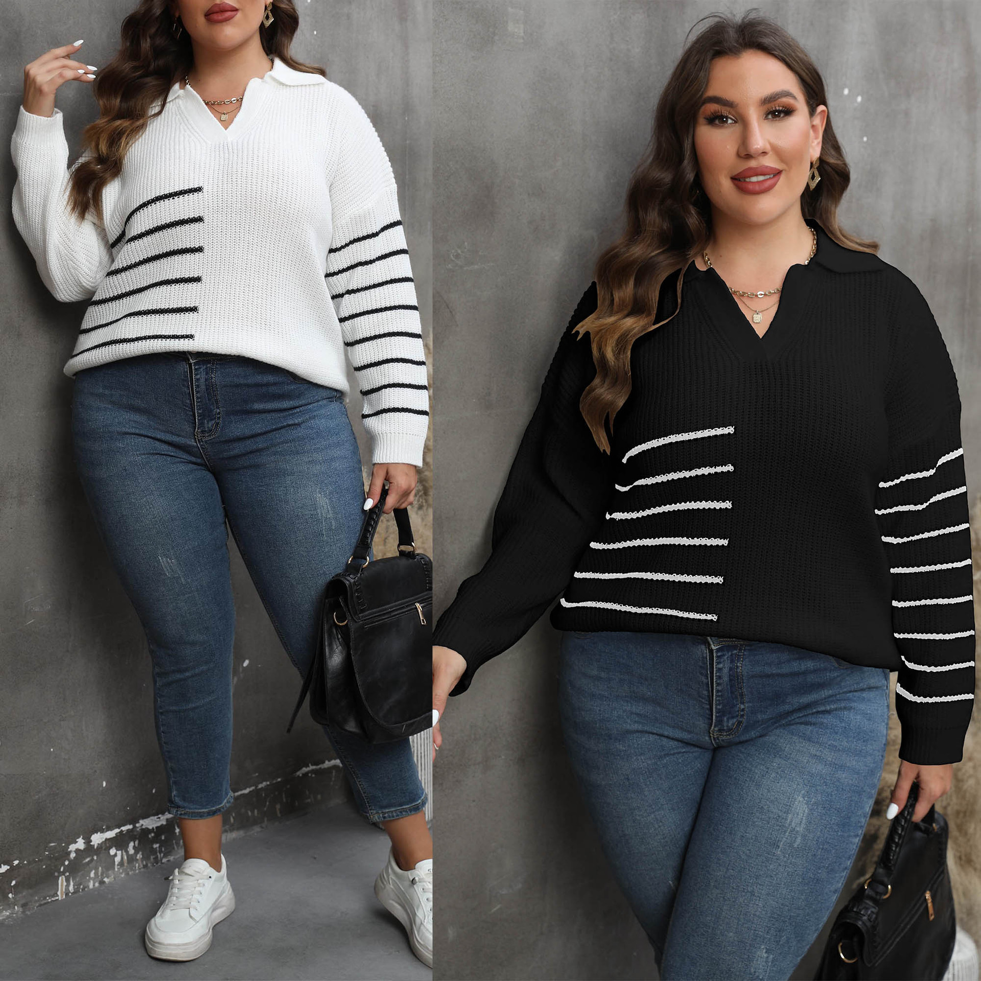 Pullover Plus Size Women's Color Contrast Patchwork Striped Polo Collar Sweater