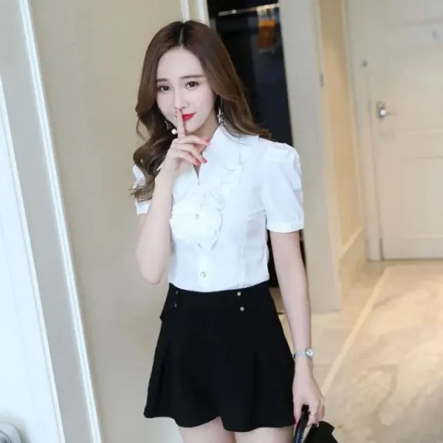 Ruffled Thin Puff Sleeve Loose Shirt White - Shop at LoveMi