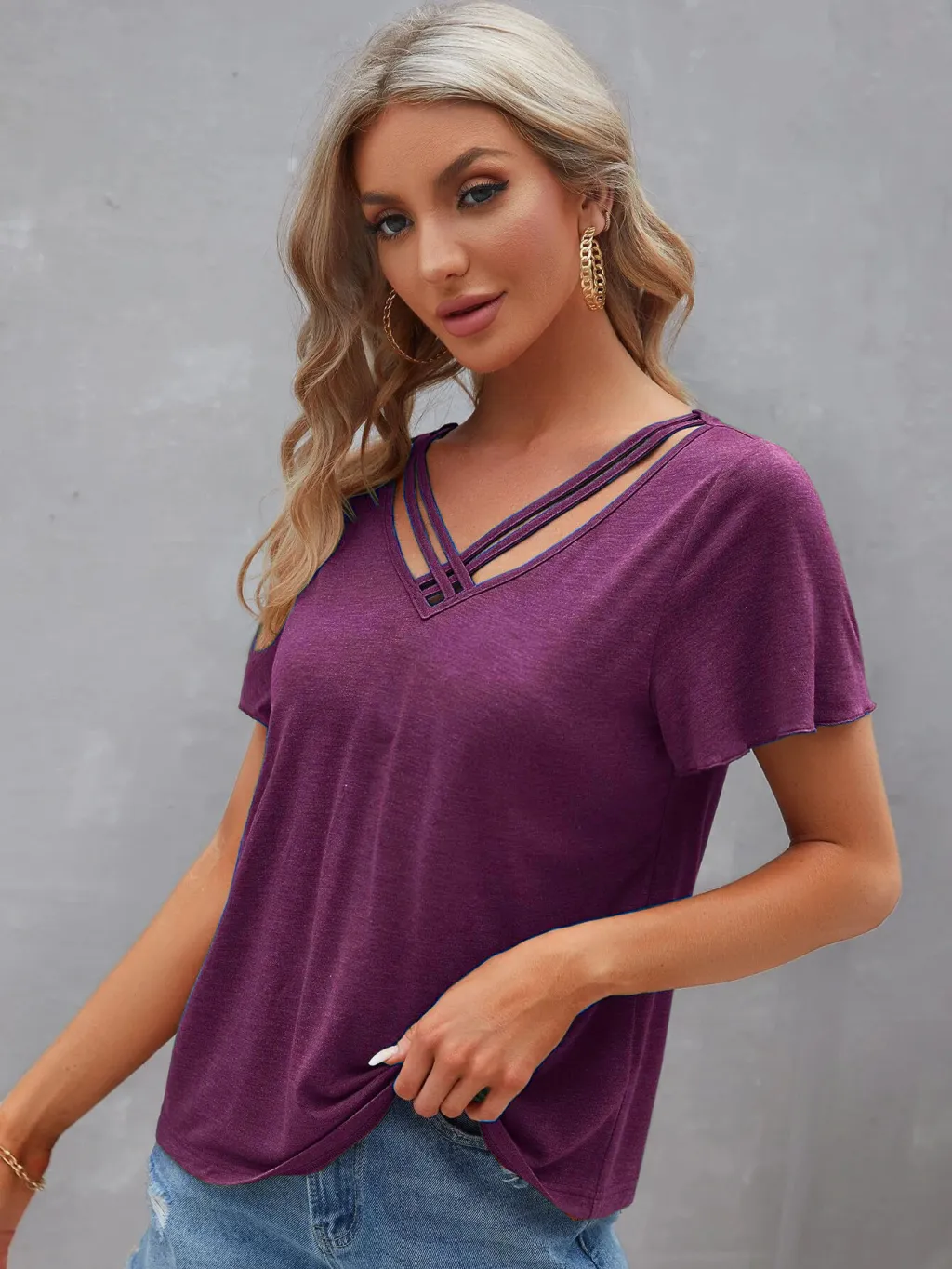 Women's Pure Color Ruffles Short-sleeved Top T-shirt - Red