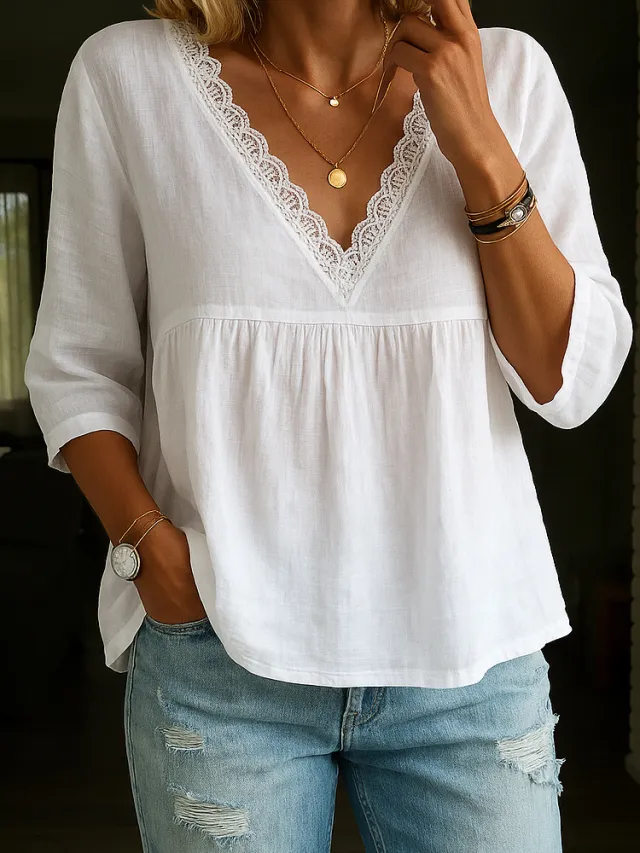 V neck Pullover Multi color Women's Blouse White - Shop at LoveMi