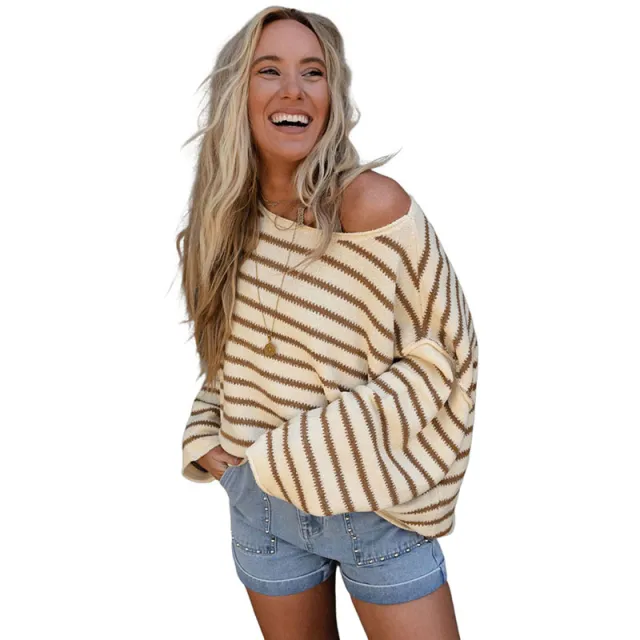 Drop Shoulder Round Neck Striped Sweater European And American Fashionable Warm All matching Yellow - Shop at LoveMi