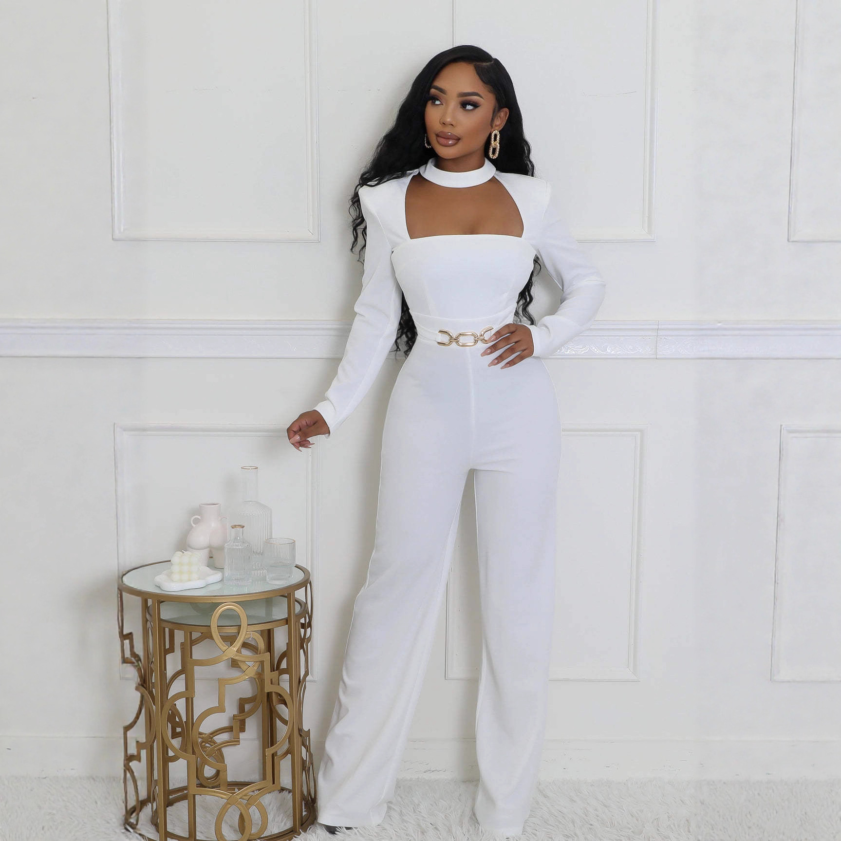 Womens Elegant Turtleneck Long-sleeve Wide-leg Jumpsuit