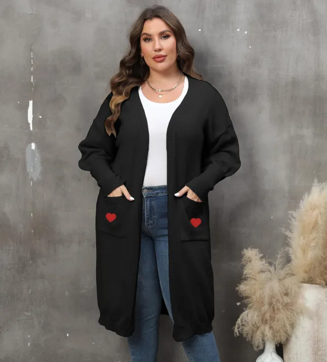 Women's Plus Size Mid length Woven Love Double Pocket Lantern Sleeve Sweater Cardigan Black - Shop at LoveMi