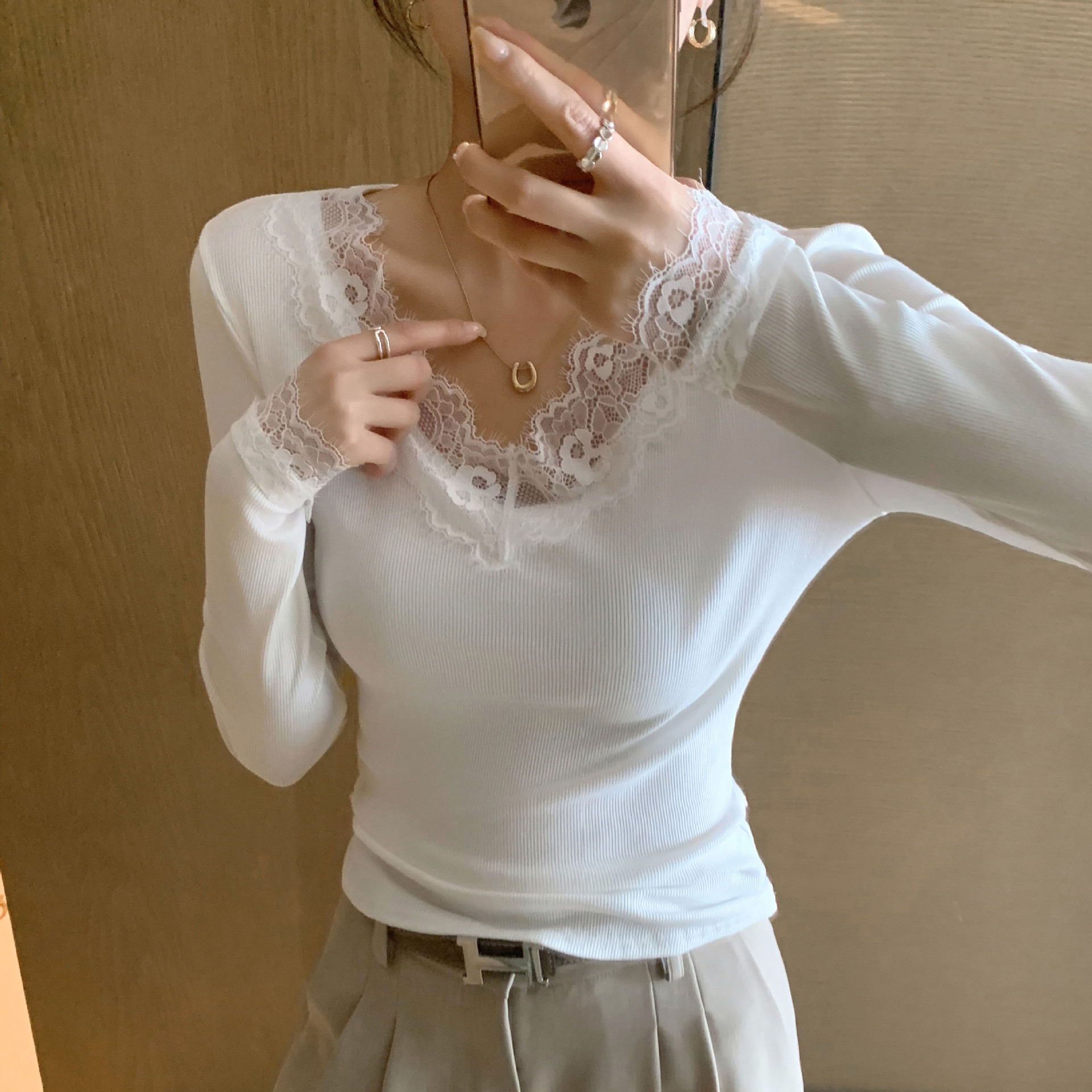 Women's Sheer-look Lace-trimmed V-neck Base Shirt product image