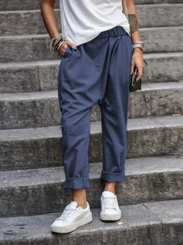 Women's Casual Pants With Pockets Elastic High Waist Harem Trousers Fashion Streetwear Clothing Dark Blue - Shop at LoveMi