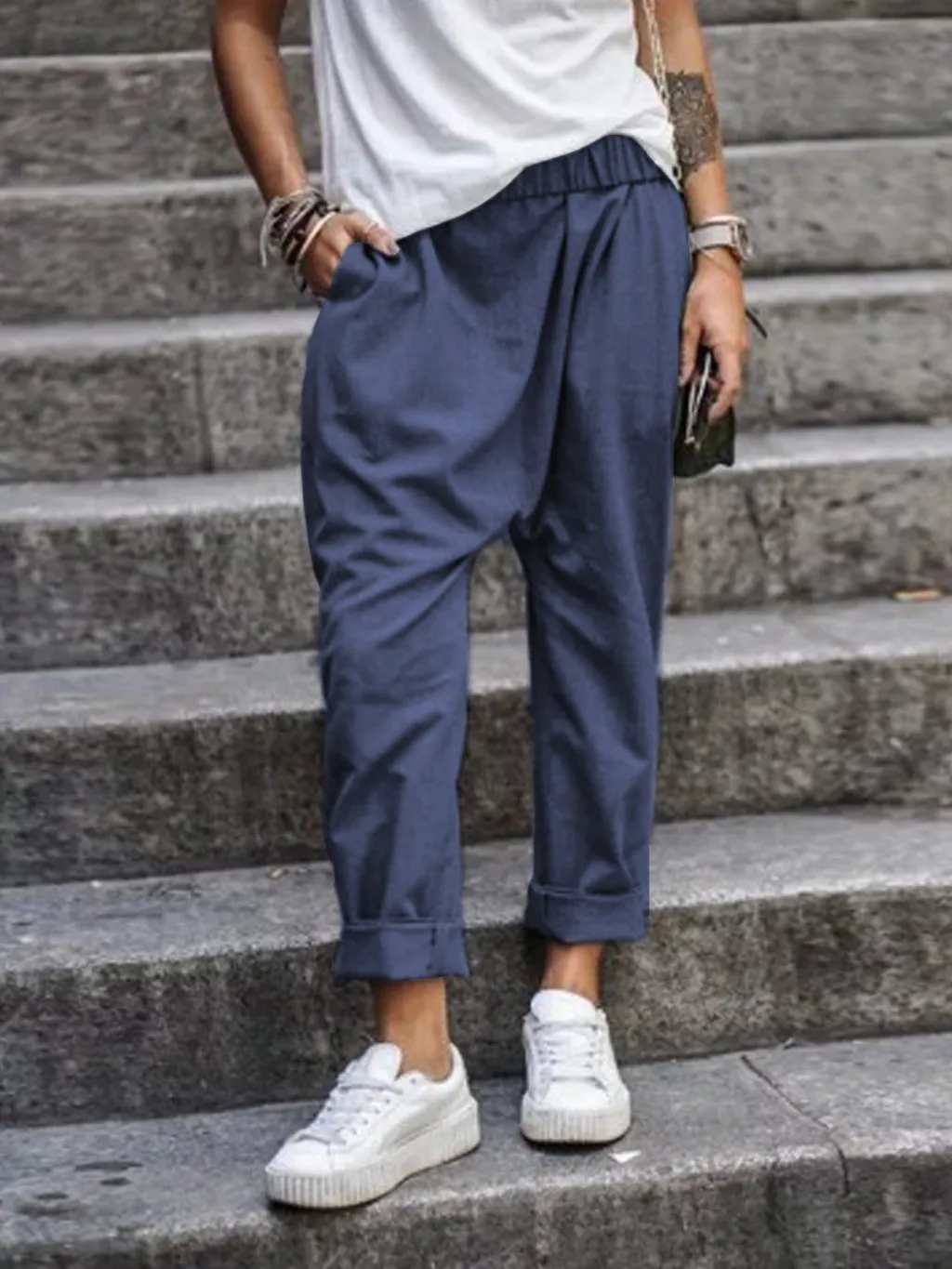 Women's Casual Pants With Pockets Elastic High Waist Harem Trousers Fashion Streetwear Clothing - Dark Blue