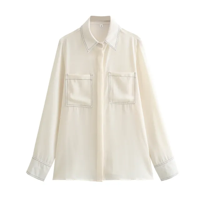 Fashion Versatile Casual Color blocking Topstitch Decorated Shirt For Women Milky White - Shop at LoveMi
