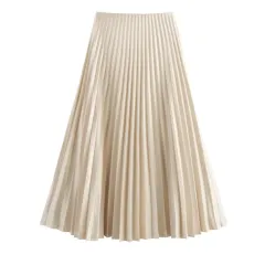 Fashionable High-waisted Pleated Midi Skirt - Beige - View 1