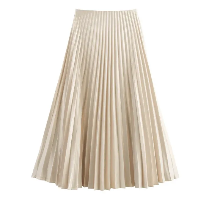 Fashionable High-waisted Pleated Midi Skirt - Beige