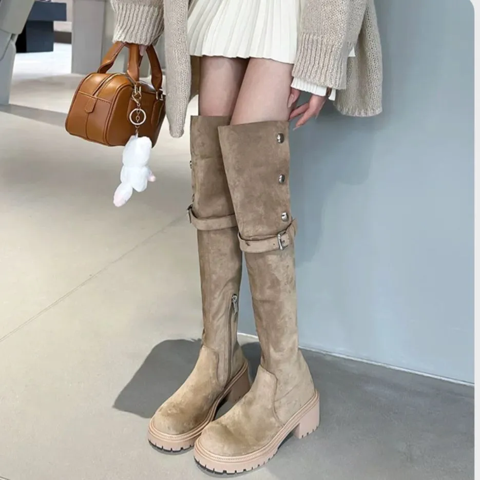 Thick Bottom Increased By Slim Fit Suede Knee-high Boots - Khaki