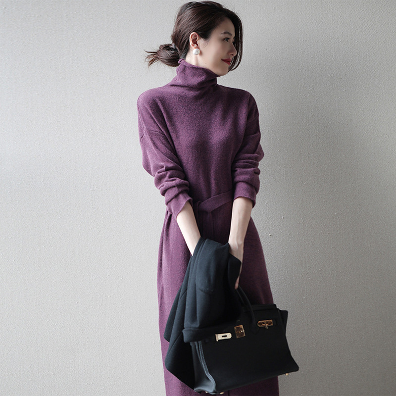 French Style Long Sleeve Turtleneck Knitting Bottoming Dress Violet Average Size - Shop at LoveMi