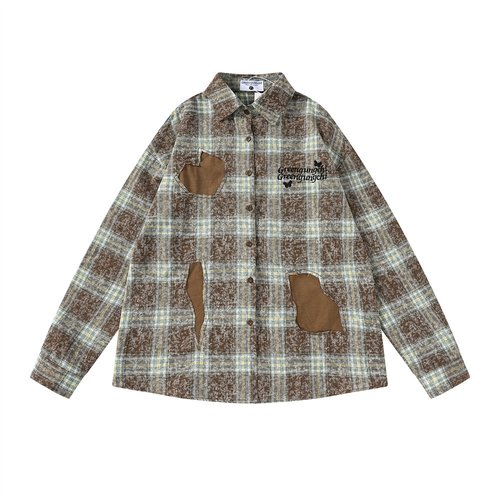 Plaid Embroidered Long-sleeved Shirt For Men Spring And Autumn