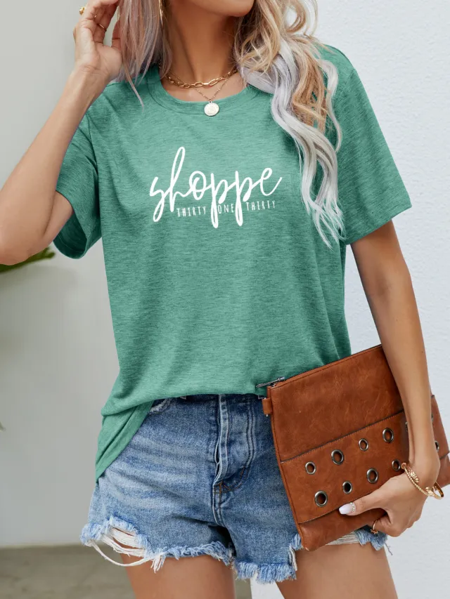 Round Neck Short Sleeve Printed Top Letter T shirt 101 Green - Shop at LoveMi