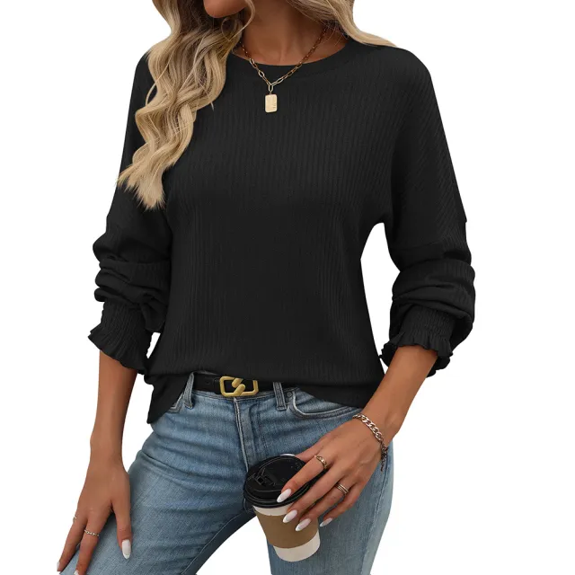 Loose Casual Sunken Stripe Long sleeved T shirt For Women Black - Shop at LoveMi
