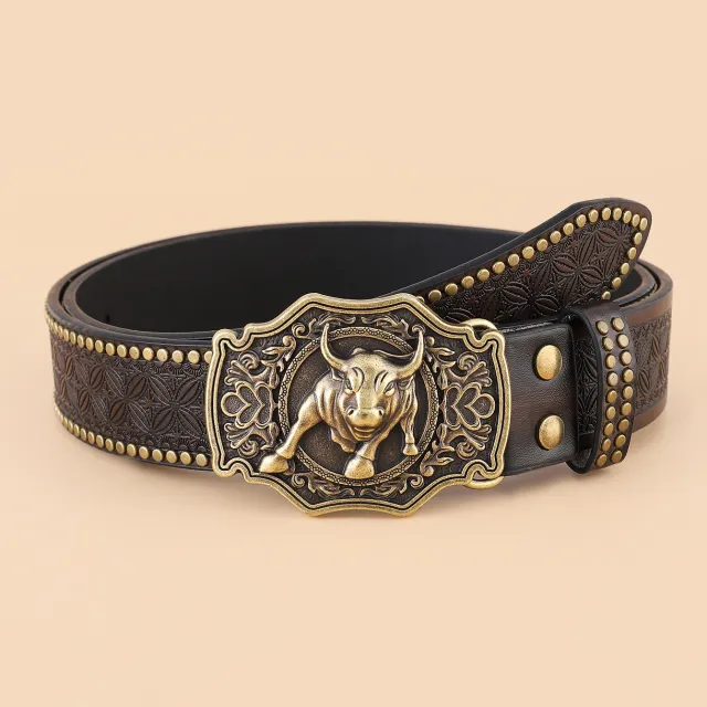 Women's Retro Embossing Rivet Bullhead Big Plate Buckle Belt Coffee Color - Shop at LoveMi