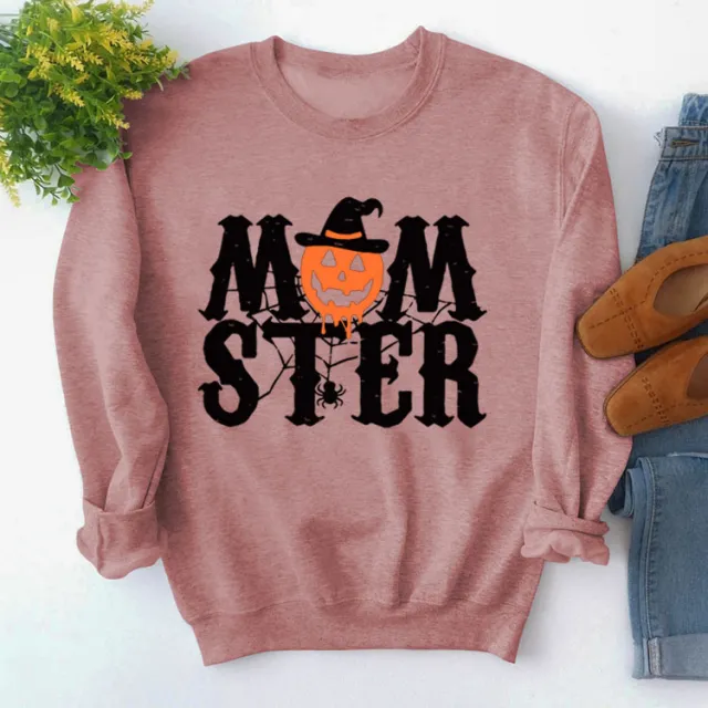 Printed MOM STER Pullover Round Neck Loose Long Sleeves Sweater Rose - Shop at LoveMi
