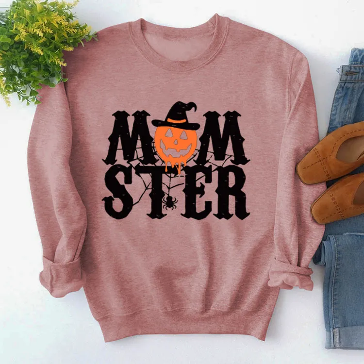 Printed MOM STER Pullover Round Neck Loose Long Sleeves Sweater - Rose