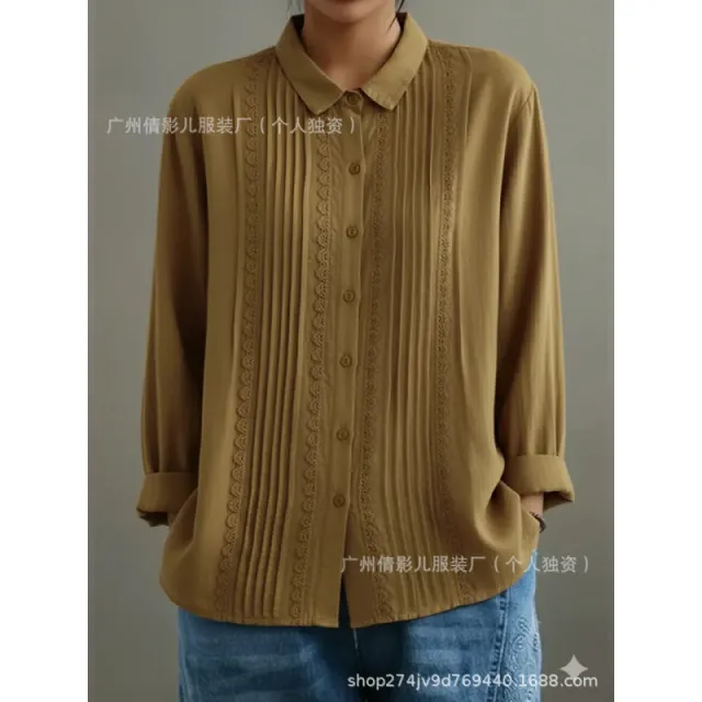 Womens Cotton Linen Long Sleeve Loose Shirt With Lace Trim Brown - Shop at LoveMi