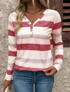 Long Sleeve Deep V-neck Striped Women's T-shirt - Red - View 1