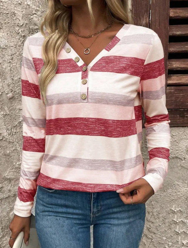 Long Sleeve Deep V neck Striped Women's T shirt Red - Shop at LoveMi