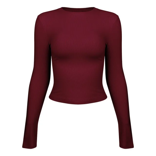 Yoga Women's Sport Long Sleeves Slim Fit Thin Fitness Clothes Wine Red - Shop at LoveMi