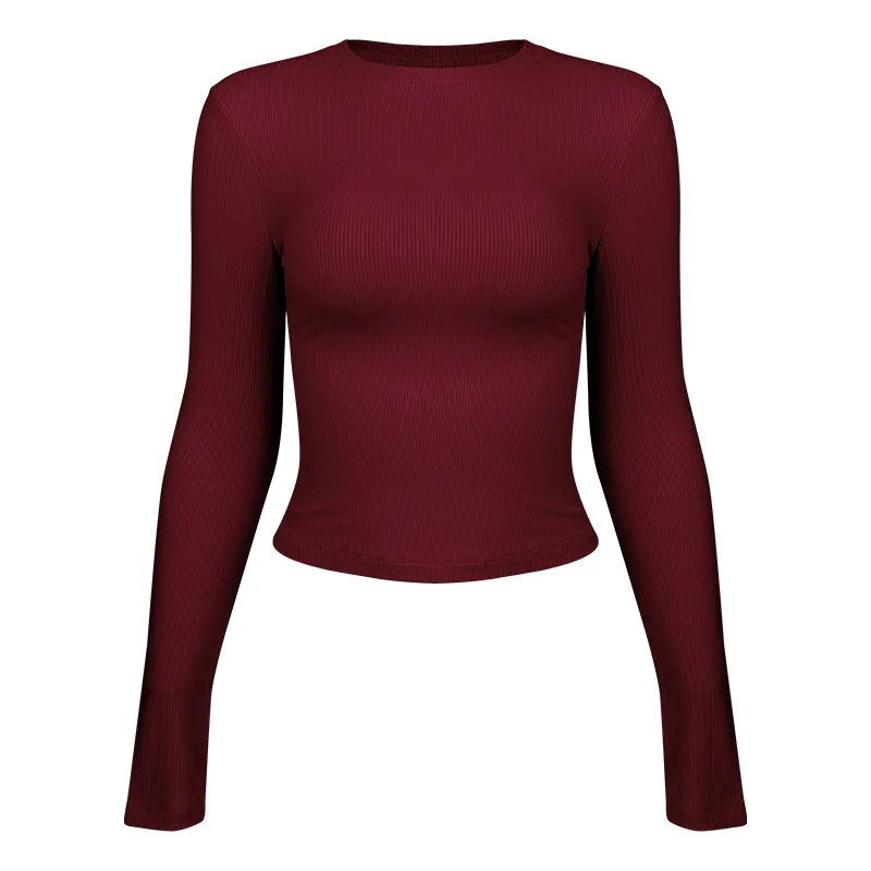 Yoga Women's Sport Long Sleeves Slim Fit Thin Fitness Clothes - Wine Red