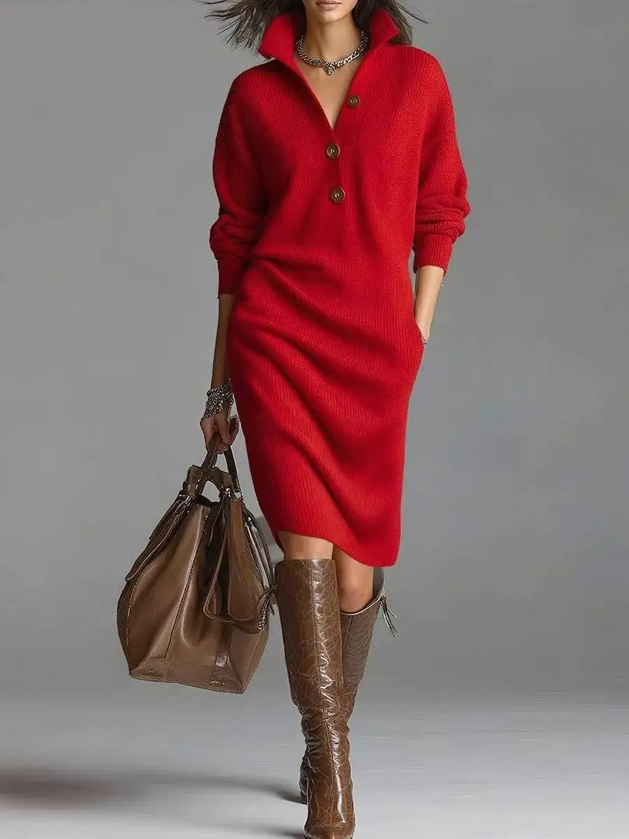 Long-sleeved Sweater Dress Fashion Warm Stand-up Collar V-neck Button Pullover Dresses Winter Casual Commuting Women's Clothing - Tan