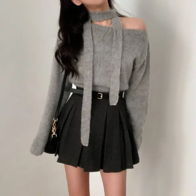 Women's Off shoulder Long sleeved Sweater Temperament Wild Gray - Shop at LoveMi