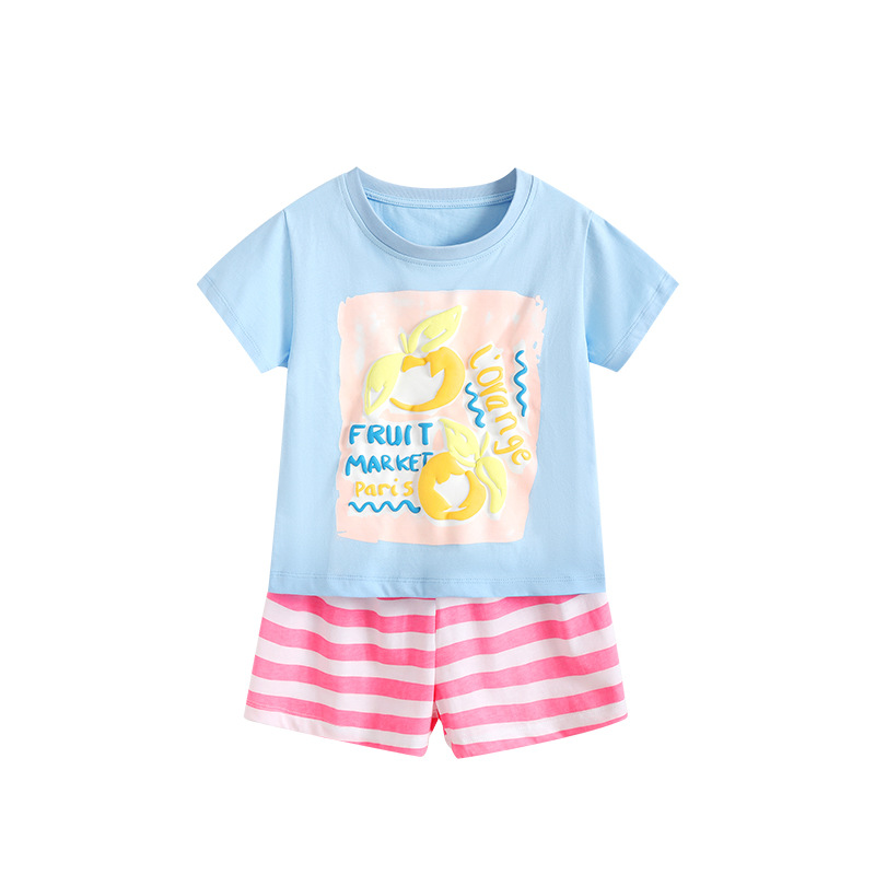 Summer New Stylish Little Girl Round Neck Short Sleeve Striped Pants Set