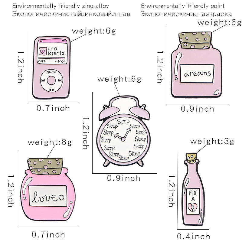 Title 1, Cute Cartoon Pink Alarm Clock Bottle Alloy Brooch