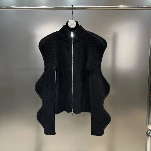 Autumn And Winter Stand Collar Irregular Corrugated Long Sleeve Zipper Jacket Black - Shop at LoveMi