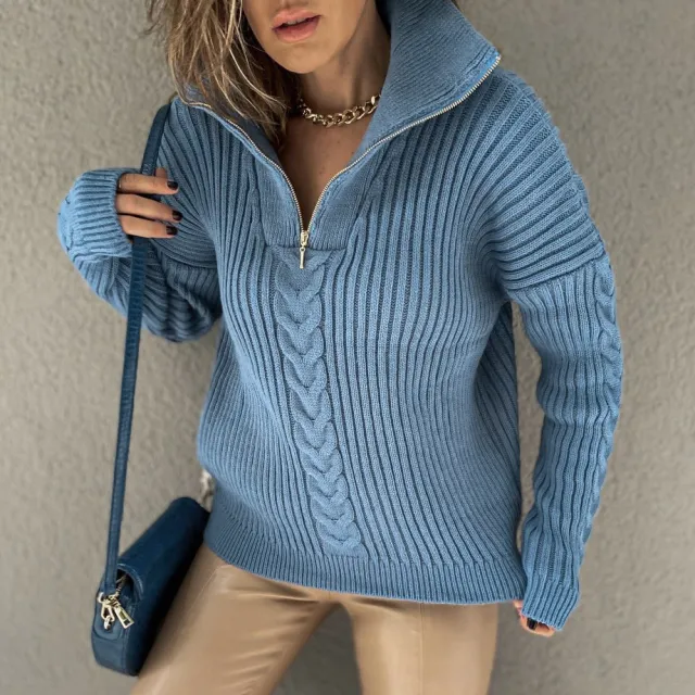 Autumn And Winter Solid Color Knitted Zip Pullover Blue - Shop at LoveMi
