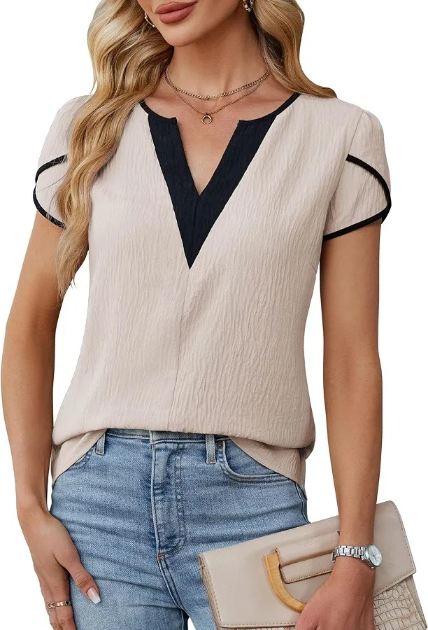 Fashionable Color Block V Neck Petal Shape Short Sleeve Blouse For Women Apricot - Shop at LoveMi