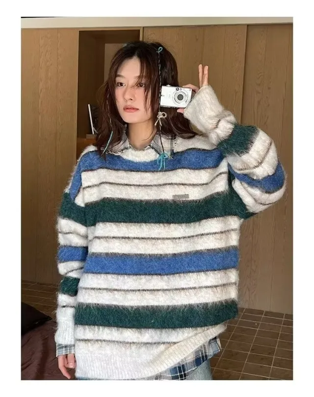 Retro Contrast Color Striped Lazy And Loose Sweater Apricot - Shop at LoveMi