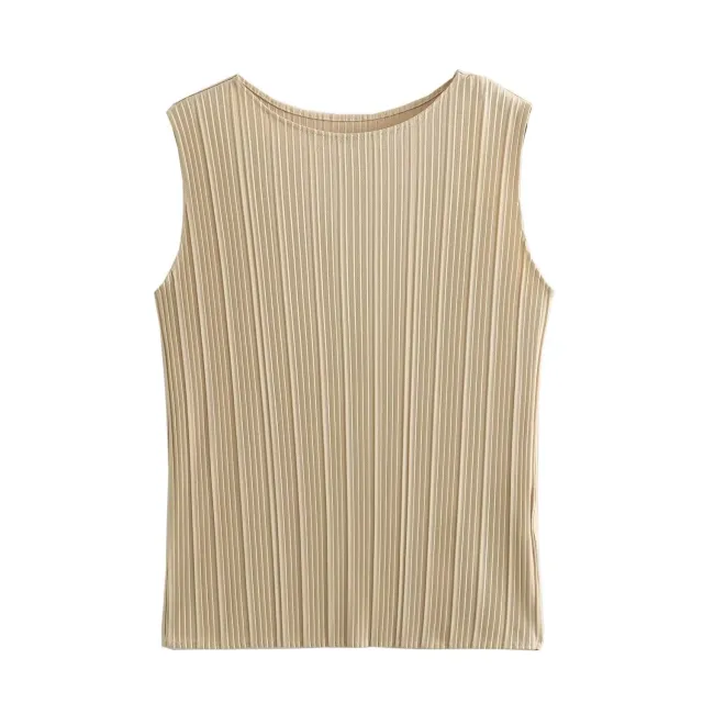 Pleated Sleeveless T shirt Straight leg Pants Khaki Top - Shop at LoveMi